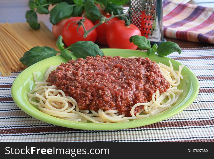 Plate with spaghetti and tomato sauce. Plate with spaghetti and tomato sauce