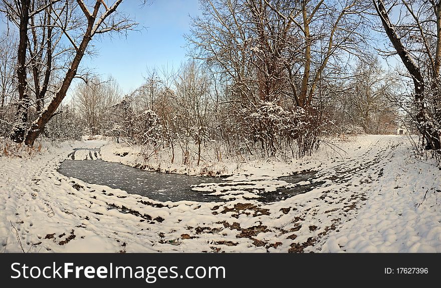 180 double curved road in snowy forest in a sunny winter day