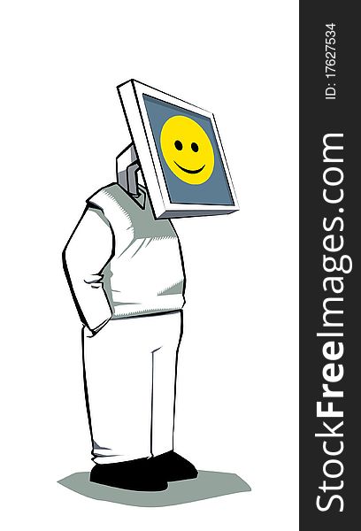 Vector Cartoon - Man with a monitor displaying a smiley instead of head. Vector Cartoon - Man with a monitor displaying a smiley instead of head