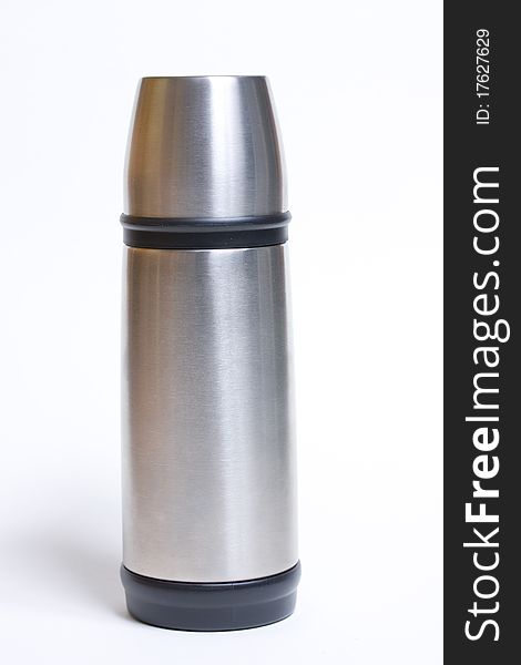 A metal thermos isolated on a white background