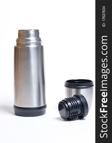 A metal thermos isolated on a white background