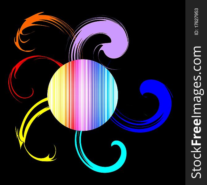 A black background with a multicolored lines circle and big assorted swirls. A black background with a multicolored lines circle and big assorted swirls