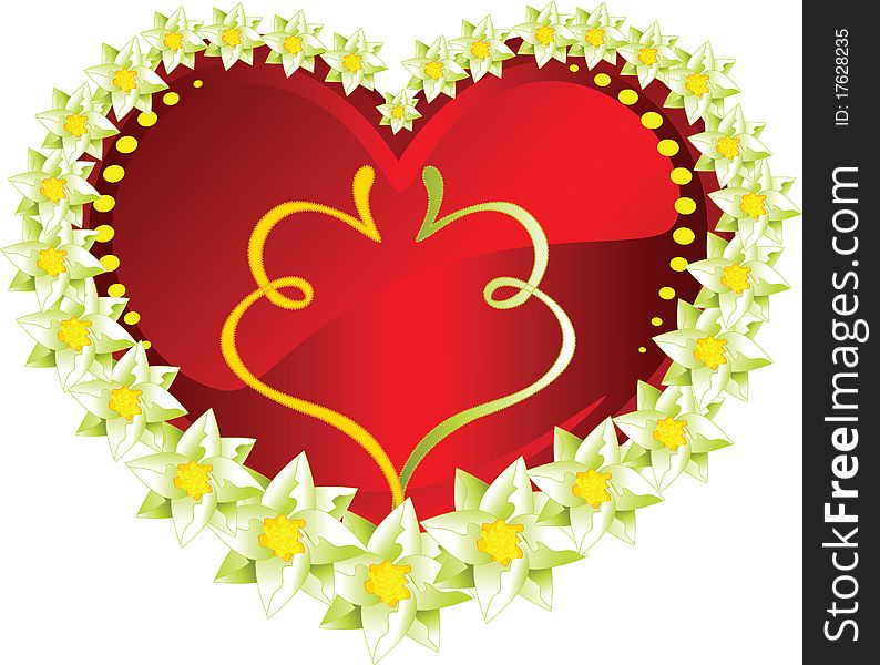 Flowers round red heart. Beautiful celebratory heart for the enamoured. Flowers round red heart. Beautiful celebratory heart for the enamoured