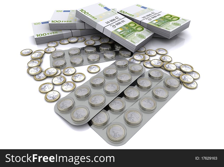 Pack of tablets with the coins in euro, and bundles of dollars
