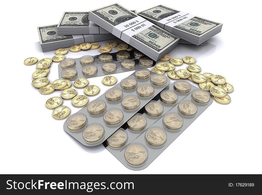 Pack of tablets with the coins in dollars, and bundles of dollars