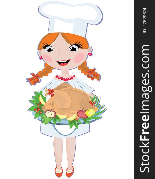Girl cook with turkey,over white