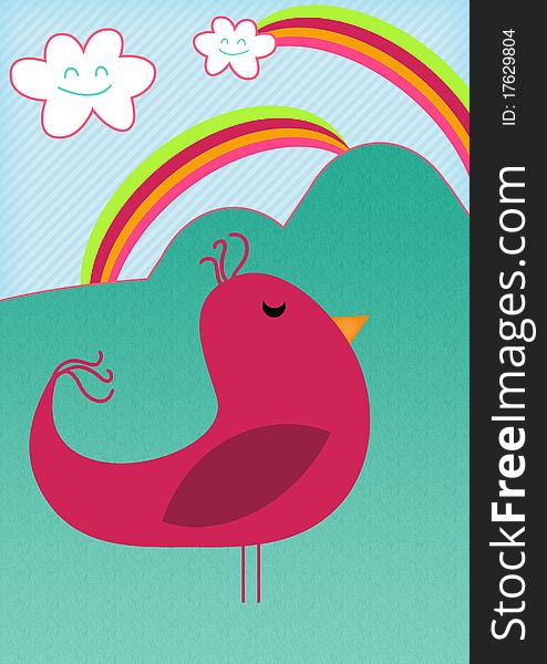 Pink cartoon bird in landscape setting with textured background, smiley clouds and rainbows. Pink cartoon bird in landscape setting with textured background, smiley clouds and rainbows