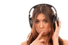 Young Girl Listening Music In Big Headphones Royalty Free Stock Images Young Girl Listening Music In Big Headphones Royalty Free Stock Images