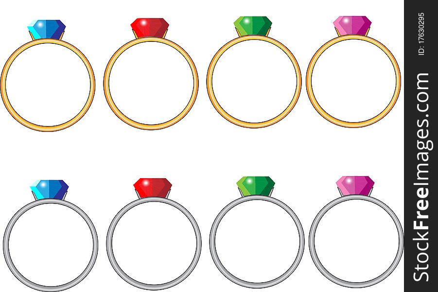 Set of 4 rings in gold and silver bands with different colored stones. Set of 4 rings in gold and silver bands with different colored stones.