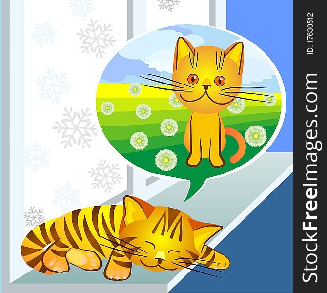 Red tabby cat sleeps on the windowsill in the winter and dreaming of summer and the pussycat. Red tabby cat sleeps on the windowsill in the winter and dreaming of summer and the pussycat