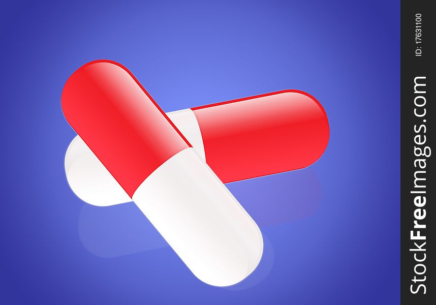 Red and white pills on blue background