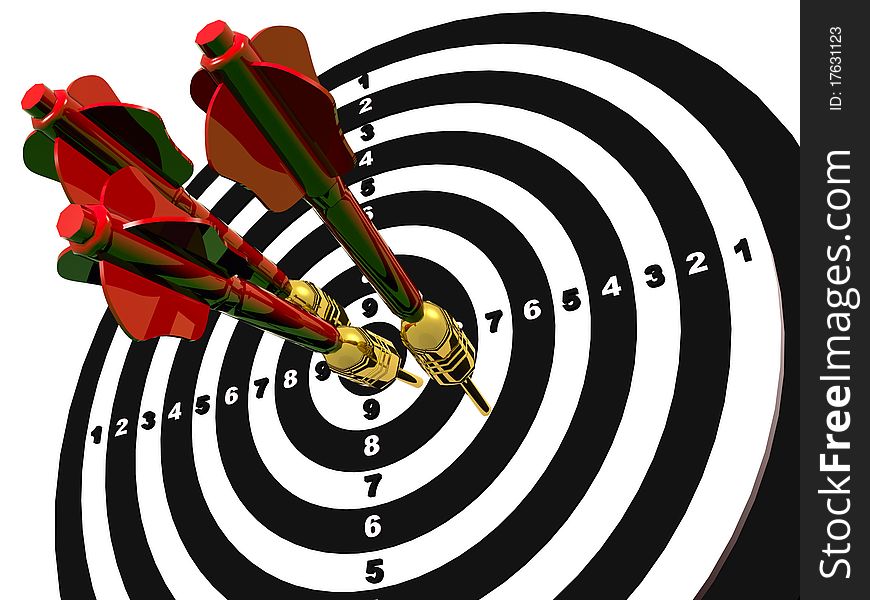 Three red arrows on the center of target, white background. Three red arrows on the center of target, white background.