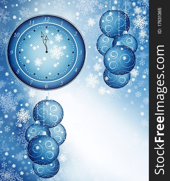 White and blue winter background with clock, balls, snowflakes. White and blue winter background with clock, balls, snowflakes