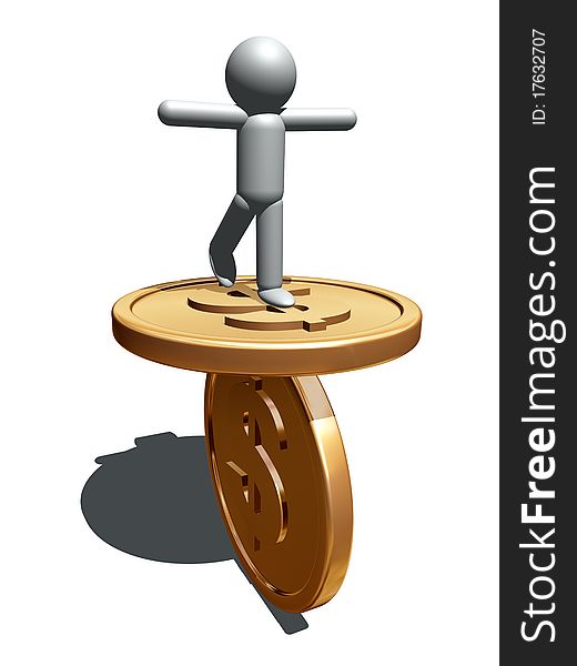 3d illustration of man figure balancing on gold coins. 3d illustration of man figure balancing on gold coins