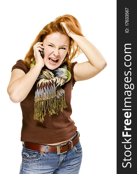 On white background Adult red-haired woman emotionally talking on the phone