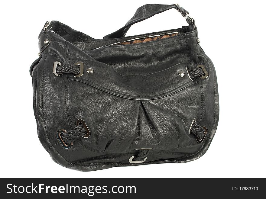 Black leather handbag isolated on the white background.