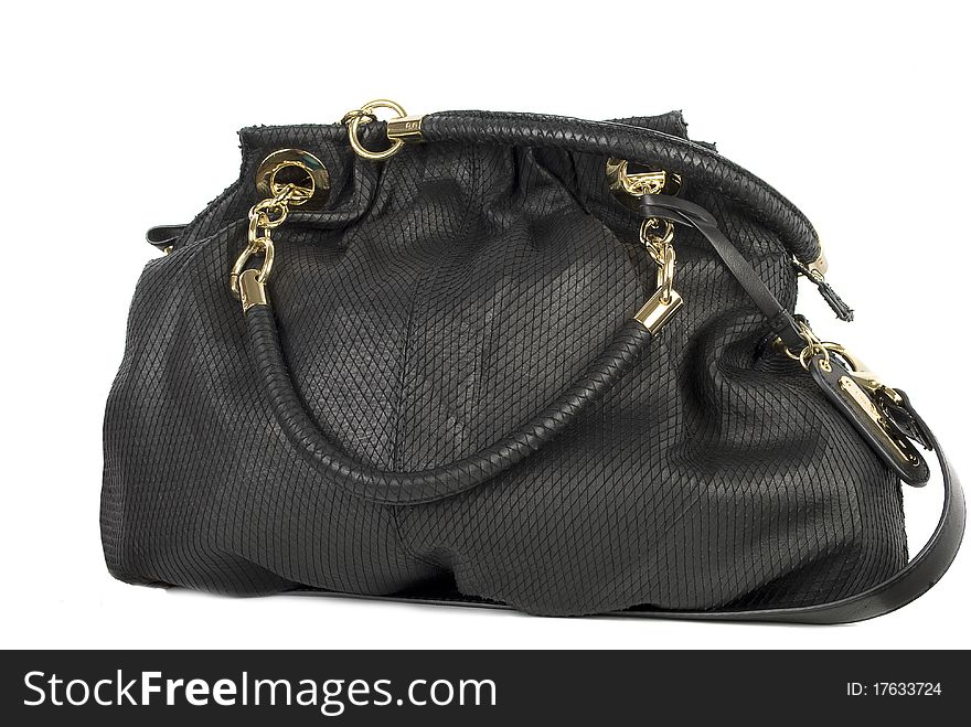 Black leather handbag isolated on the white background.