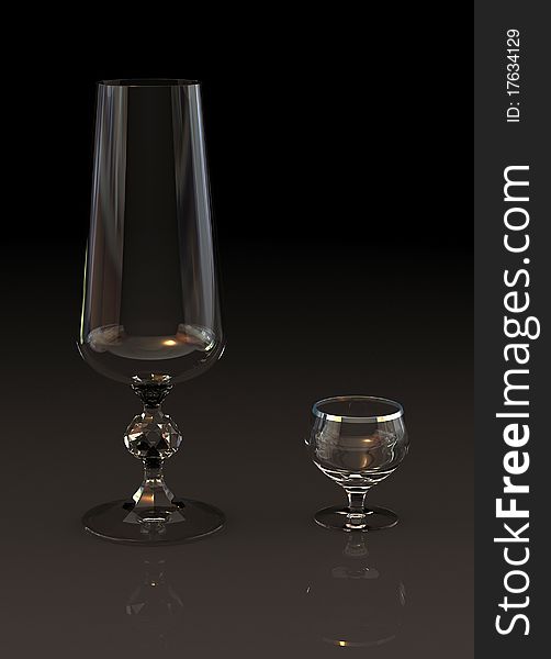 Two glasses on a black reflective background. Two glasses on a black reflective background