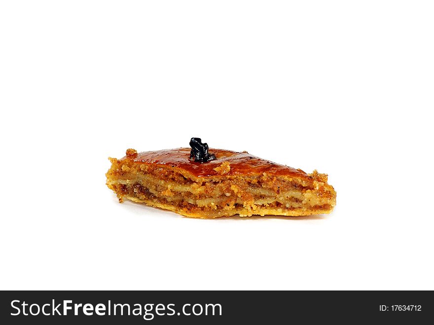 Piece of baklava against a white background