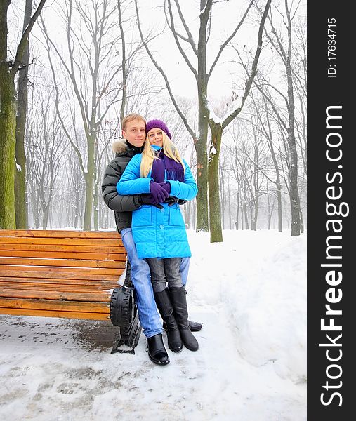 Young adult couple in the park. Winter.