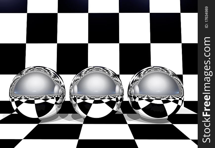 Metal spheres on a chessboard, are executing on the 3d-editor