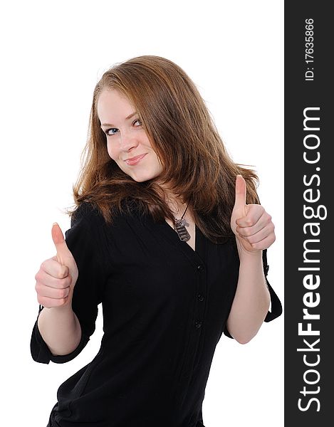 Cute girl giving OK sign isolated over white background