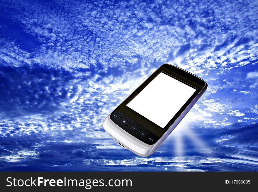 Modern cell phone with white screen floating in bright blue sky