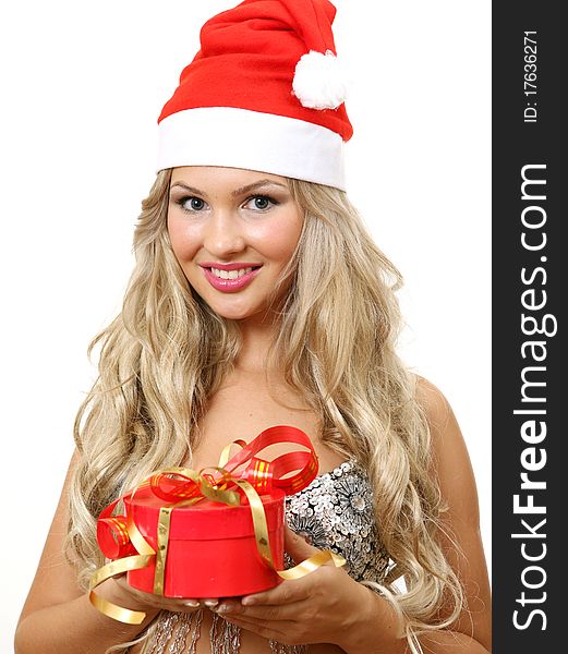 The girl with a gift on a white background