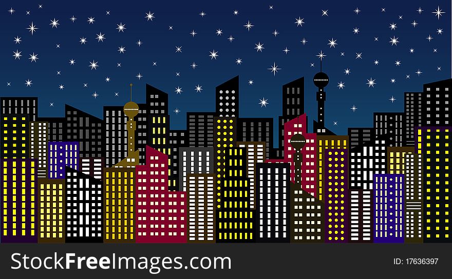 Illustration of city in the night. Illustration of city in the night