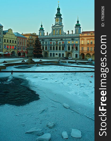 Budweis fountain on winter time