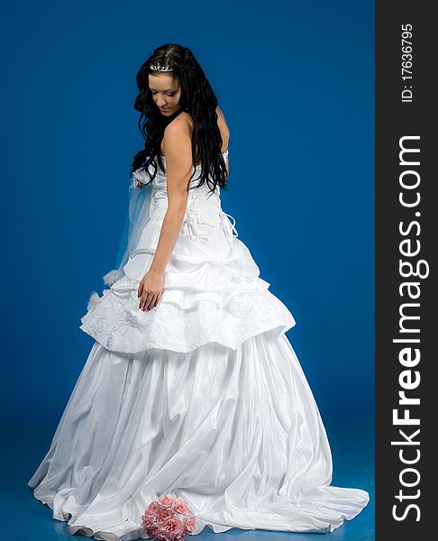 Portrait of beautiful happy bride in a wedding dress on blue background studio shot. Portrait of beautiful happy bride in a wedding dress on blue background studio shot