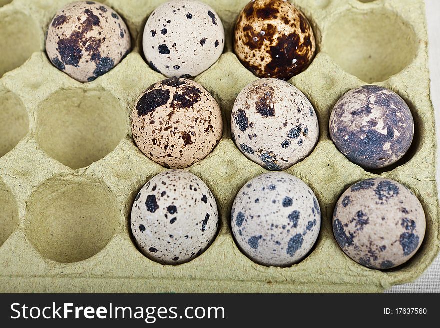 Cute few quail eggs in a box