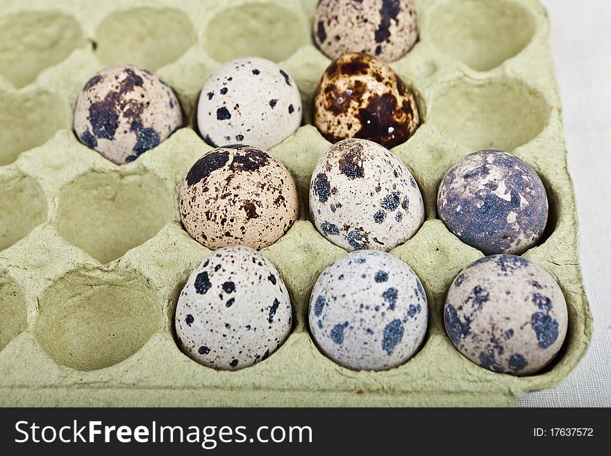 Cute few quail eggs in a carton