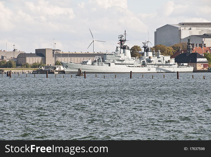 Military ship standing in port of Copenhagen, Denmark
