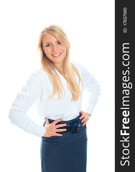 Business woman smiling isolated over a white background