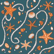 Hand Drawn Seastars, Rope, Seastones And Seashells On Wooden Background, Vector Seamless Pattern Royalty Free Stock Image