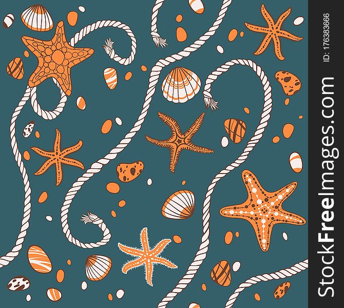 Hand drawn seastars, rope, seastones and seashells, vector seamless pattern. Hand drawn seastars, rope, seastones and seashells, vector seamless pattern