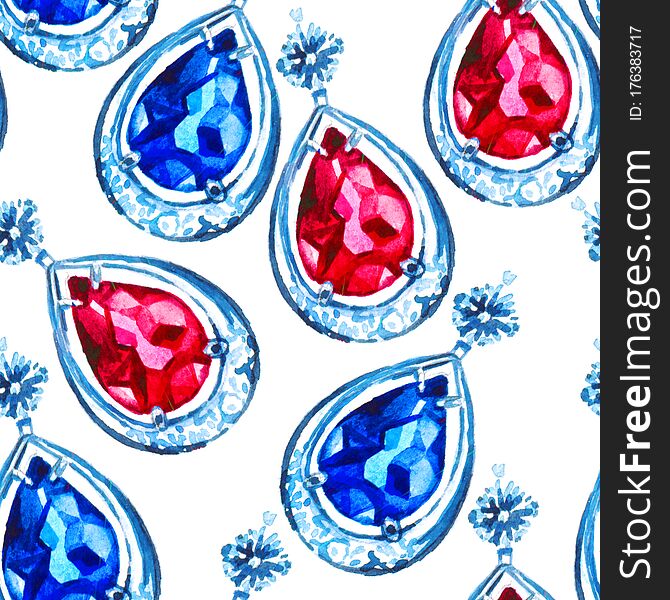 Seamless Pattern With Watercolor Hand Painted Jewelry Elements Decoration In The Form Of Drops On White Background