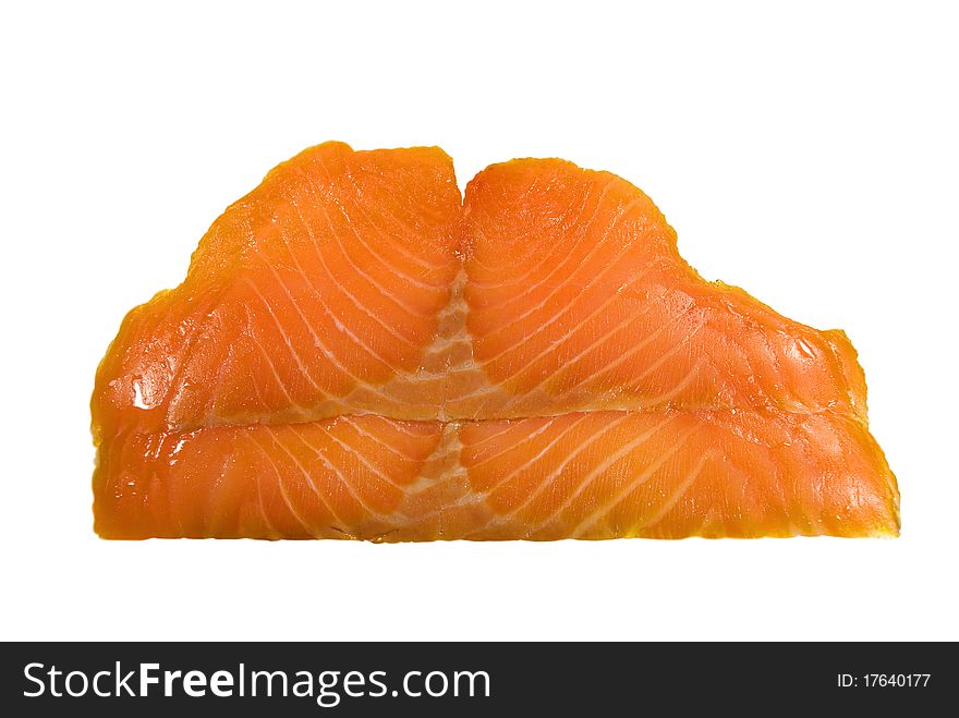 Two cut off thin slices of a trout. On a white background