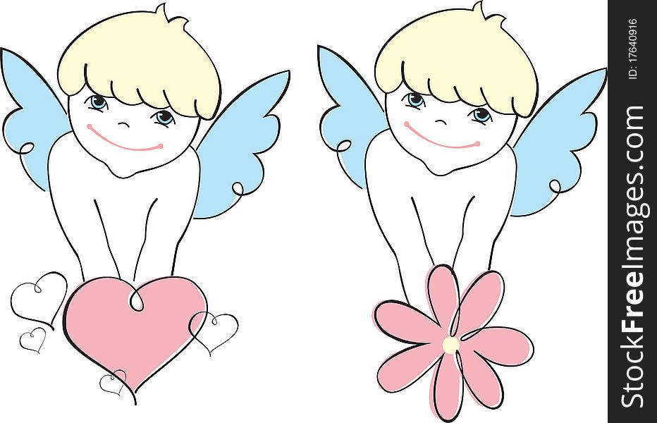 Two angels with flower and with heart. Two angels with flower and with heart