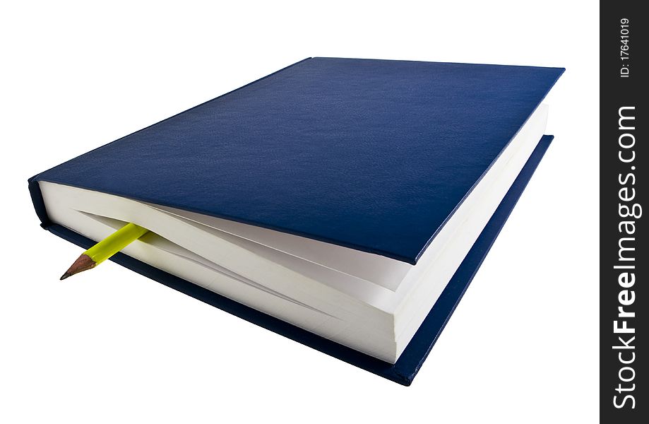 Dark blue book with a book-mark pencil on a white background