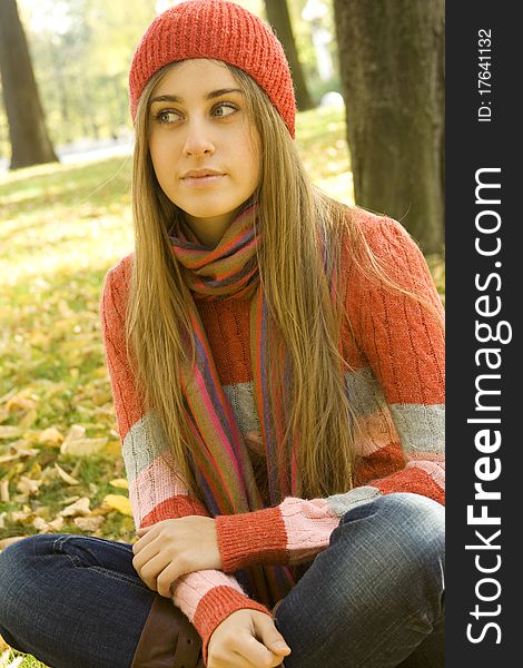 Portrait of a beautiful young woman. Sitting outside in a pile of autumn leaves, smiling. Portrait of a beautiful young woman. Sitting outside in a pile of autumn leaves, smiling