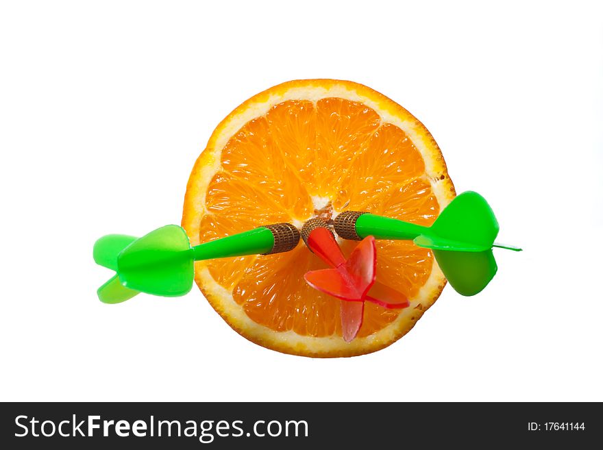 Three darts hit orange on white isolated background