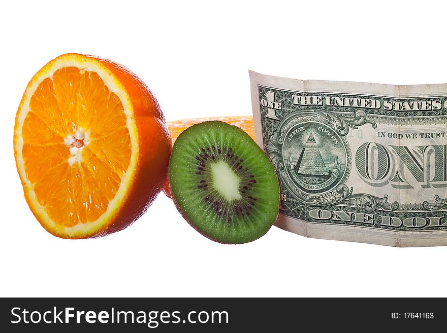 Fruits and one dollar on white isolated background