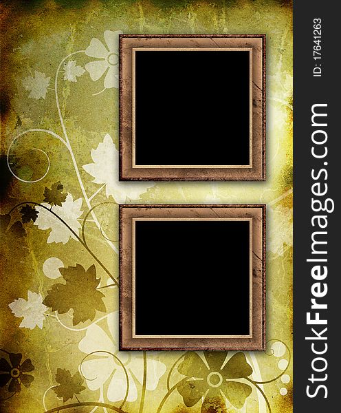 Two empty vintage photo frames on floral background. Two empty vintage photo frames on floral background