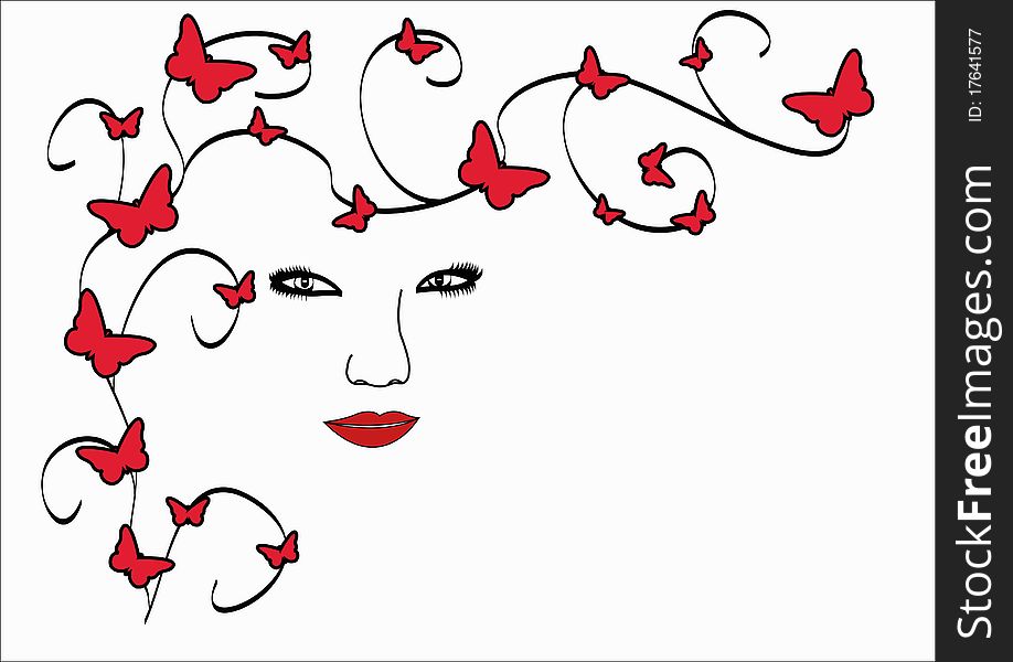 Woman's face with red butterflies. Woman's face with red butterflies