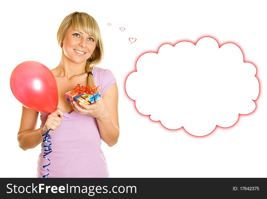 Close-up of an attractive young woman with balloons and gift box. Isolated on a white background. Close-up of an attractive young woman with balloons and gift box. Isolated on a white background