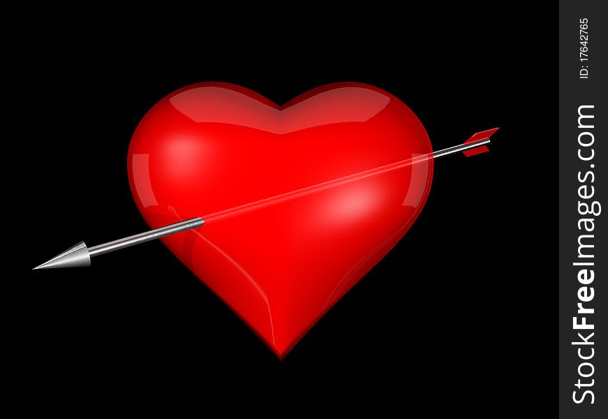 3d Red Heart With A Metal Arrow