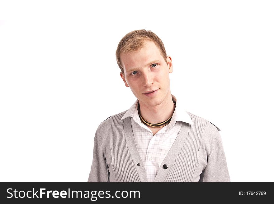 Portrait adult guy in a gray jumper isolate