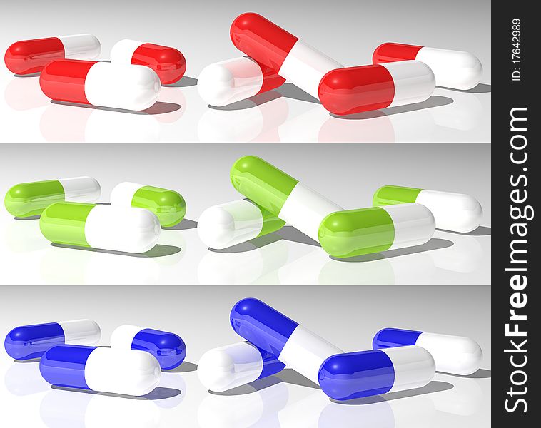 3 sets of different colored medical capsules